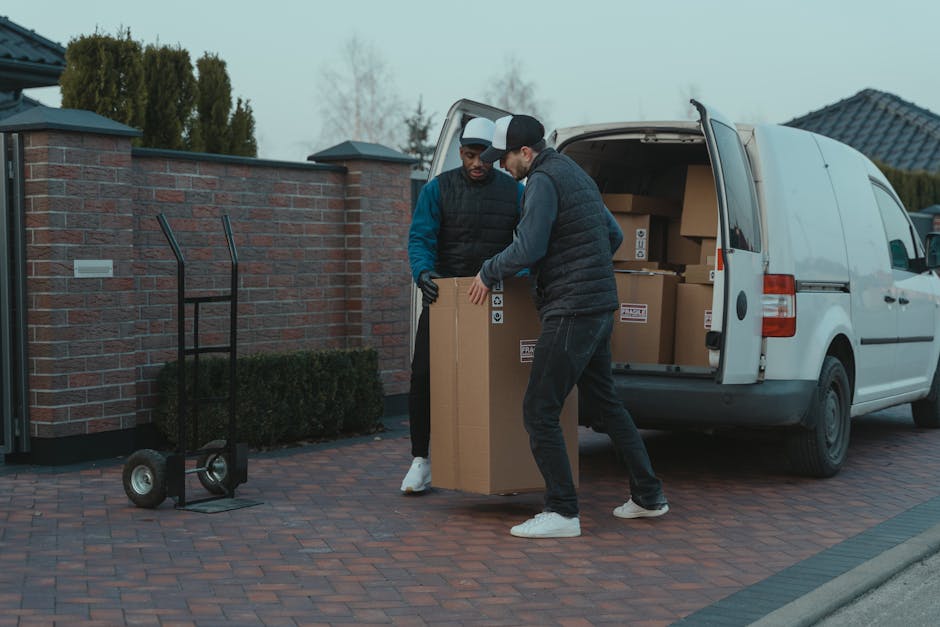 Two men wearing dark vests and long sleeve shirts are engaged in a home relocation task, lifting a large cardboard box from the ground onto a white panel van parked outside a residential property. The van's rear doors are open, revealing several other cardboard boxes stacked inside, ready for transport. The scene takes place on a paved driveway with a brick wall and some greenery visible in the background. One of the men is using a hand truck or dolly, which is parked nearby, to assist with moving heavy items. The natural lighting suggests a daytime setting, and the environment indicates the process of packing and loading items for a house move, with professional removals services provided by Man with Van Harringay.